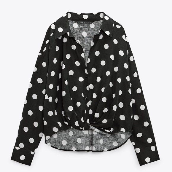 Zara Tops - Zara NWT linen black & white polka dot knot front button front long sleeve shirt